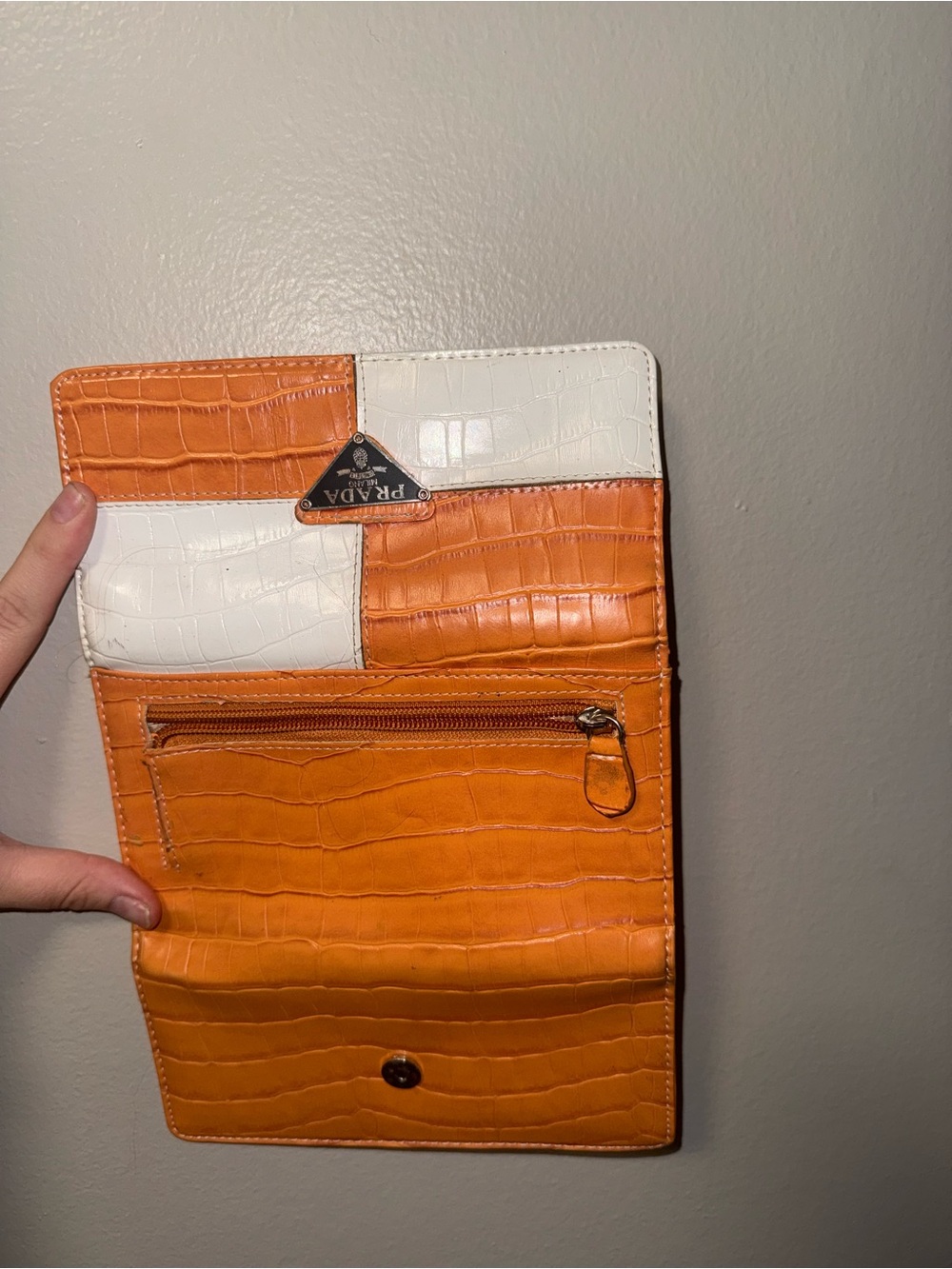 Prada Orange and White Croc-Embossed Fold Wallet